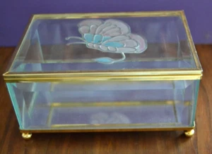 Jewelry Box Brass Mirrored Casket Embossed Butterfly Glass Vtg Pastel Pink/Blue - Picture 1 of 11