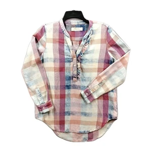 Top Anthropologie Ruffle Henley donna taglia XS camicia a quadri blusa pullover scollo V - Foto 1 di 6