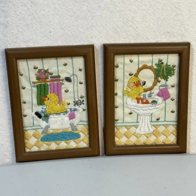 Yellow Duck Duckies In The Bathroom Hand Embroidered Crewel Framed Art 2 Pc Set - Image 1 of 4