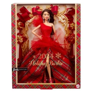 2024 Barbie Holiday Doll Red/Plaid gown Dark Brown Hair Fast Dispatch - Picture 1 of 12