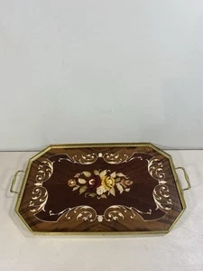 Bandeja de madera con incrustaciones de marquetería Italia 12"x 21" con adornos y asas de latón ~ ¡Hermosa! - Imagen 1 de 7