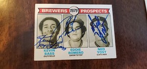 1979 TOPPS BREWERS ROOKIE CARD TRIPLE SIGNED AUTO KEVIN BASS NED YOST ROMERO 708