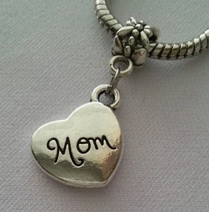 Mom Sideways Heart Cursive Mother Dangle Charm Bead Silver for European Bracelet - Picture 1 of 4