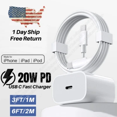 20W PD Fast Wall Charger 3/6FT Type-C Cable For iPhone 14 13 12 11 Pro Max XR 8 - Image 1 of 4