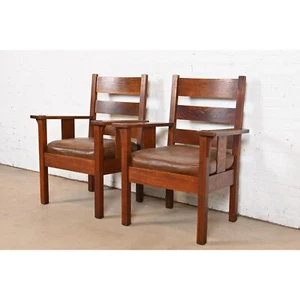 Stickley Brothers Antique Mission Oak Arts & Crafts Lounge Chairs, Pair - Picture 1 of 11