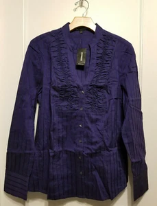 EXPRESS Women's Fitted Shirred V-neck Shirt, Indigo, Cotton Blend, Size L, NWT - Bild 1 von 5