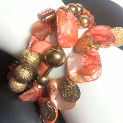 3111 Lote De Colección De 3 Pulseras Elásticas Con Cuentas Tono Dorado Dije Naranja Foto 1 de 2