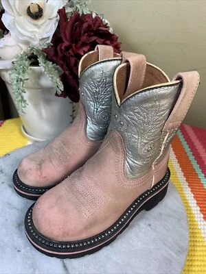 ARIAT 4LR Rosa Rosa Plata Tachonado Cuero Vaquero Workhog Botas Niño’s Talla US 9M Foto 1 de 4
