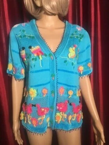  Womens Flamingo Cardigan Sweater Beaded Heavily Embellished Knit - Picture 1 of 10