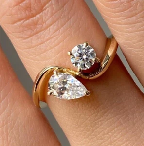 Pear & Round Cut 2 Stone Moissanite Curved Band Ring Unique Bridal Jewelry Gift - Picture 1 of 9