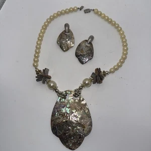 Vintage Abalone Muschel Statement Halskette & Ohrring Set Perle Perlen - Bild 1 von 15