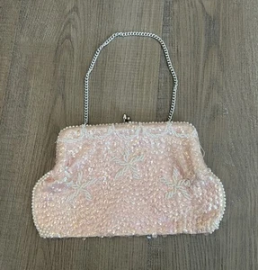Vintage Pink White Sequin Faux Pearl Seed Bead Purse Handbag Clutch Chain Strap - Picture 1 of 8