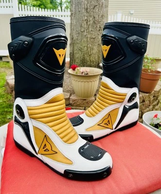 Botas de carreras de cuero vintage Dainese para hombre/doradas, blancas, negras/talla 12 Foto 1 de 4