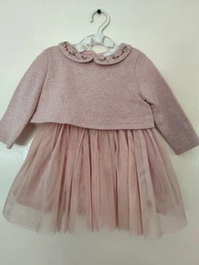 Next Tutu Long Sleeve Embroidered Collar Dusky Pink Baby Girls Dress 3-6 Months - Picture 1 of 9
