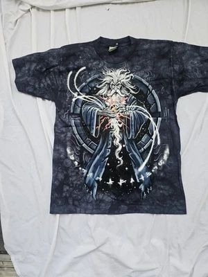 Camisa masculina azul líquida vintage azul média arte caveira dragão bruxo tingimento de gravata nova sem etiquetas  - Imagem 1 de 4