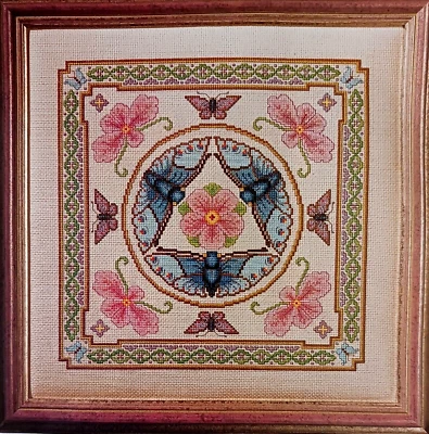 Cross Stitch Pattern BUTTERFLIES with CHERRY BLOSSOMS Pink Blue Green Border - Image 1 of 4