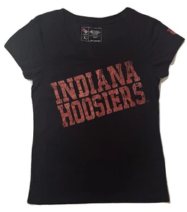 New NCAA Indiana Hoosiers Women’s Juniors Black V-neck Red Logo Shirt Sz L - Picture 1 of 4