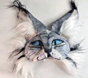 White Lynx Blue Eyes Therian Furry Mask With Extra Elastic and Drawing Of Lynx - Picture 1 of 5