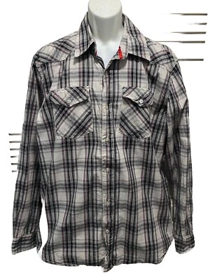 Modern Culture White/Blk Plaid Button Up Long Sleeve Back Graphic Print Size XXL - Image 1 of 4