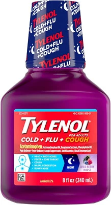 Tylenol resfriado + gripe + líquido noturno para tosse, alívio da dor e febre de frutas silvestres 8 oz - Imagem 1 de 4