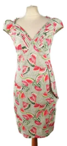 JOE BROWNS 12 Watermelon V Neck Pleated Pink Green Fitted Dress Party Wedding - Picture 1 of 12