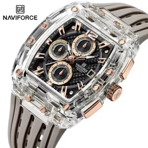NAVIFORCE Mens Quartz Watches Skeleton New Silicone Waterproof Tonneau Silver - Picture 1 of 6