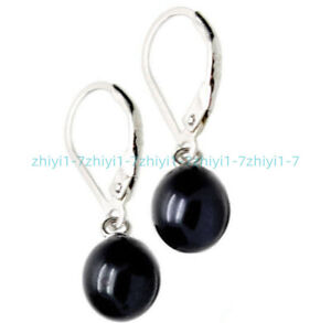 Natural 7-8mm Black Freshwater Pearl Fashion Dangle Silver Leverback Earrings