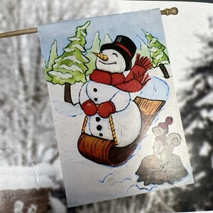 New Winter Scene Christmas House Flag Snowman On Sled 28" x 44" Style Selections - Picture 1 of 7
