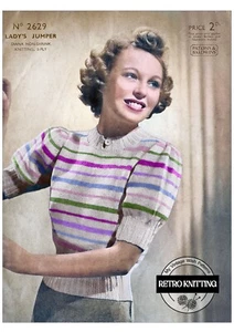 1940s Rainbow Striped Sweater Knitting Pattern Bust 34 - Picture 1 of 2