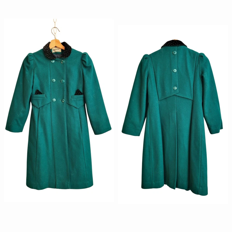 Abrigo de Lana Rothschild Niñas Años 70 De Colección 14 Borde Terciopelo Verde Hecho en Unión EE. UU. Clásico Foto 1 de 4