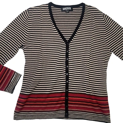 Cárdigan Suéter Kasper Petite PP Rayas Beige Negro Rojo Cuello en V Botón Delantero Foto 1 de 4