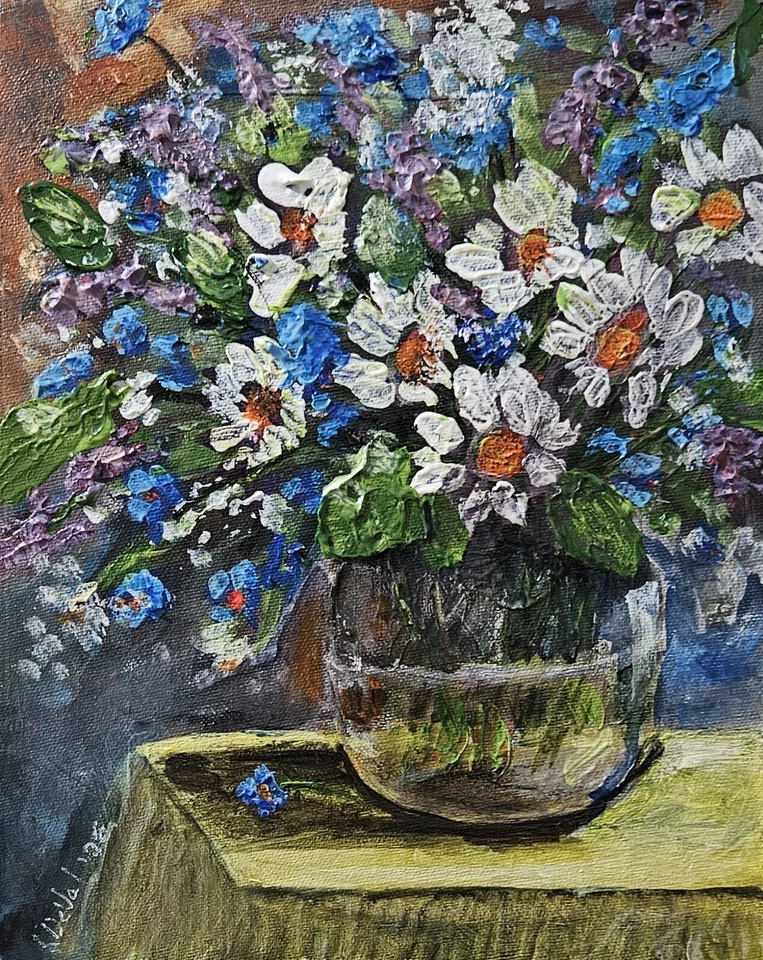 Original Art Painting,Acrylic,8x10,Regina  DeVal, Daisies and Forget Me Nots - Image 1 of 1