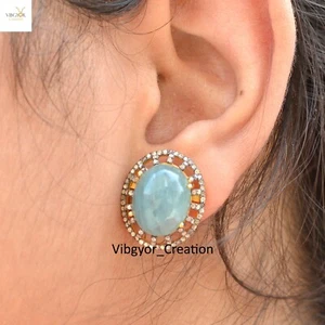 Aquamarine Gemstone Pave Diamond Stud Earrings 925 Solid Silver Jewelry For Her - Picture 1 of 6