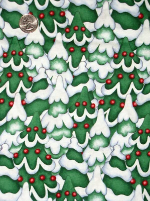 Christmas Tree Snow Fabric Green Cotton South Sea Holiday Express Yard - Image 1 of 4