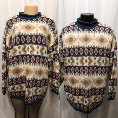 Vtg 80s Crewneck Sweater Blue Tan Pink MADE USA Mens Womens Acrylic L UNISEX - Image 1 of 4