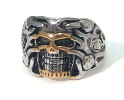 Skull Ring Gold PVD Stainless Surgical Steel Rose Vines Biker Select Size - Image 1 of 4