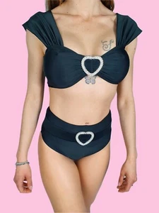 Bikini gioiello nero sexy costume da bagno a vita alta top a fascia donna 2021 - Picture 1 of 12