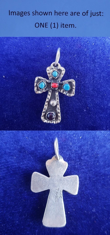 Vintage Taxco Mexico Sterling Silver Turquoise Coral Onyx Cross Pendant 25pt261 - Image 1 of 1