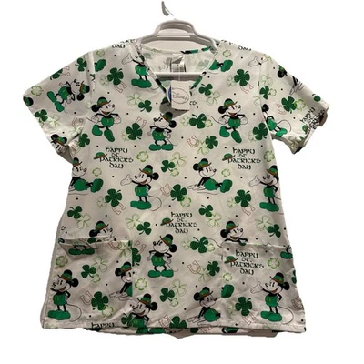 Disney Mickey Mouse St. Patrick's Day V-Neck Scrub Top Size M Green White NWT - Image 1 of 4