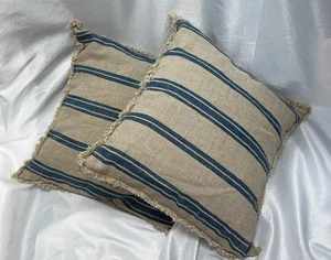 Pottery Barn 18 X 18 Pillow Blue/tan Stripe/Ticking W/ Feather Insert, DD-5 - Picture 1 of 5