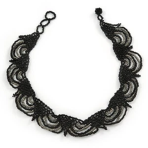 Black/ Grey Glass Bead Lacy Choker Necklace - 36cm L/ 3cm Ext - Picture 1 of 4