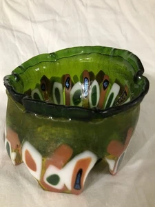 Free form ART SLAG GLASS Bowl/Vase Clear GREEN Glass w/Multicolor trim - Picture 1 of 5