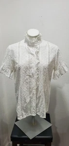 WHITE MILLE EYELET RUFFLE BUTTON DOWN BLOUSE L COTTAGECORE - Picture 1 of 8