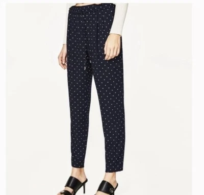 Calça de tornozelo Zara minimalista elástica cintura azul marinho bolinhas tamanho pequeno - Imagem 1 de 2