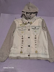 Jacket  Denim Gray Jean Hooded Child LG  Distressed NASA Patchs  Weissman  - Picture 1 of 9