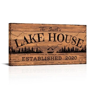 Personalized Lake House Sign Canvas Wall Art Custom Family Name and Establish... - Picture 1 of 6