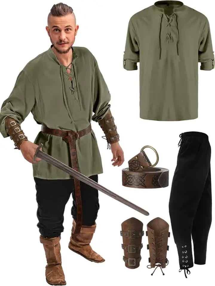  Conjunto de fantasia masculina de Halloween 4 peças camisa tornozelo calças viking acessórios - Imagem 1 de 4