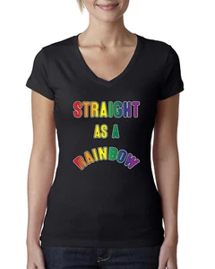 Straight as a Rainbow Humor  LGBTQ Women Junior V-Neck Tee - Picture 1 of 9
