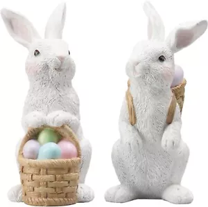 2PC Figurines Easter Decorations Ornaments Resin Spring Bunny Carry Egg Basket - Picture 1 of 6