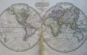 World Map in Double Hemispheres Australia 1824 Cummings Hilliard scarce map - Picture 1 of 4